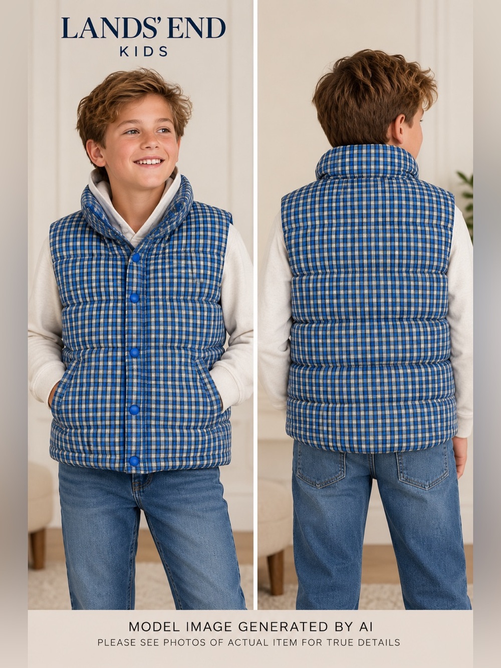 Lands’ End Kids Plaid Puffer Vest XL 18-20 Quilted Down Preppy Outdoor Winter